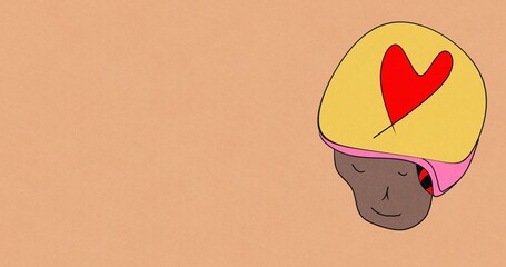 Cartoon Skull Character with Colorful Helmet and Heart Design on Soft Brown Background