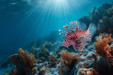 Obraz premium Vibrant lionfish gliding above a sunlit coral reef, dramatic underwater seascape with striped fins and spines, turquoise rays and colorful corals