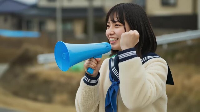 メガホンを使い応援する女子学生のクローズアップ