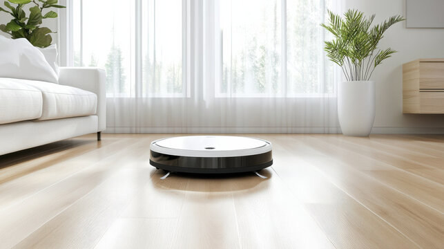 Robotic vacuum cleaner operates on wooden floor in bright, modern living room
