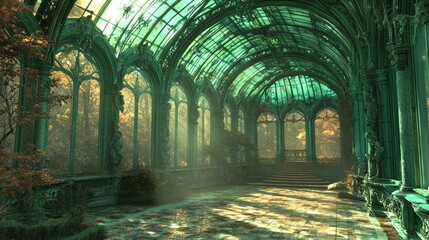 Sunlit, overgrown gothic glass conservatory.  Possible use Fantasy, dreamlike background