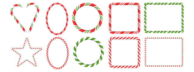 Candy cane twisted border collection. Rectangle, circle, star, and heart frames in red and green lollipop style. Striped design for xmas decor.