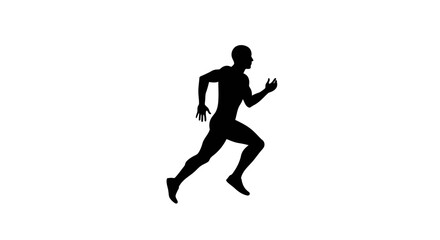 Silhouette of a man midrun right leg extended against a stark white background