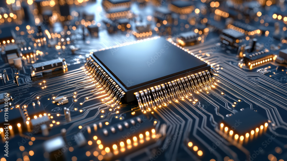 Poster close up of circuit board with glowing microchip and intricate connections, showcasing