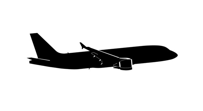 Silhouette of an airplane viewed from the side showing its engines wings fuselage and tail