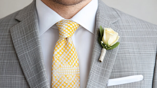 Stylish suit with yellow tie and boutonniere, perfect for formal occasions
