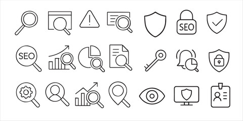 A set of  web search icons and SEO icon and security icons . Containing SEO, Digital marketing, data analysis, management, investigate, find and more. Editable stroke 