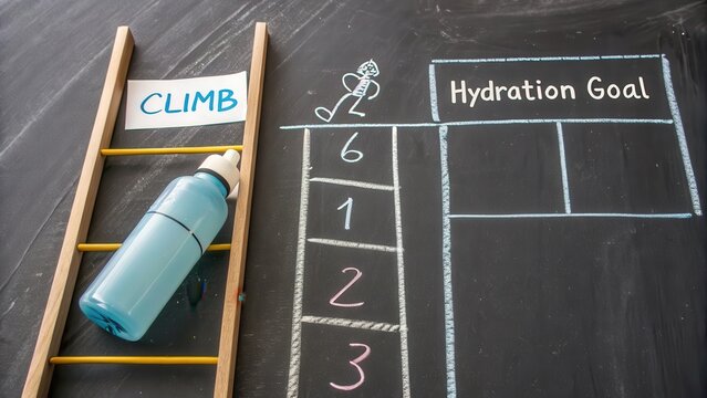 Climbing Ladder and Hydration Goal Chart on Chalkboard Background