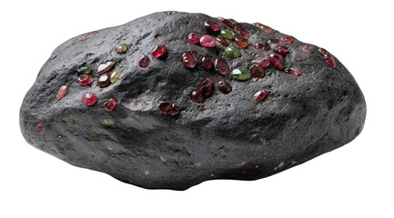 Dark rock specimen, studded with small, colorful gems