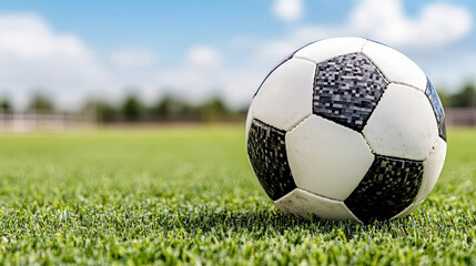 Fototapeta premium Close up of soccer ball green field blue sky with clouds, evoking excitement and playfulness