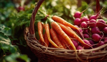 Fresh carrots and radishes in a rustic basket, garden setting