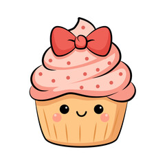 Cute Vector Cupcake with Pink Cream Frosting and Red Hair Bow. Kawaii Style Dessert Vector Illustration on White Background.