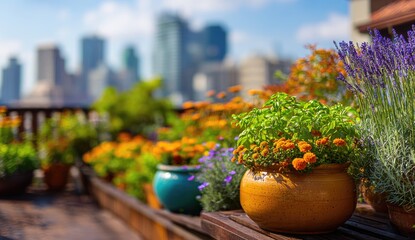 Rooftop garden with terracotta pots, colorful flowers and herbs, overlooking a city skyline