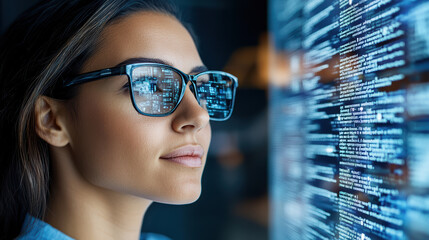 Close up of student wearing glasses, focused on digital text display, engaged in learning