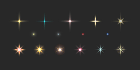 Set of shining stars, glowing spark. Flash. Light rays. Lighting effects