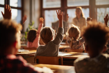 Fototapeta premium Elementary students eagerly raise their hands in a warm sunlit classroom, showing engagement, curiosity, and active learning during a lively lesson
