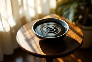 Dark Liquid Ripples in a Metal Bowl, Sunlight on Wooden Table