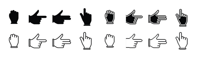 Hand cursor icon, Hand and Arrow Pointer Icon
Mouse Cursor Icons, Pixel art mouse cursor and hand pointer icons set. Retro arrow, click finger, computer navigation symbols. vector illustration.