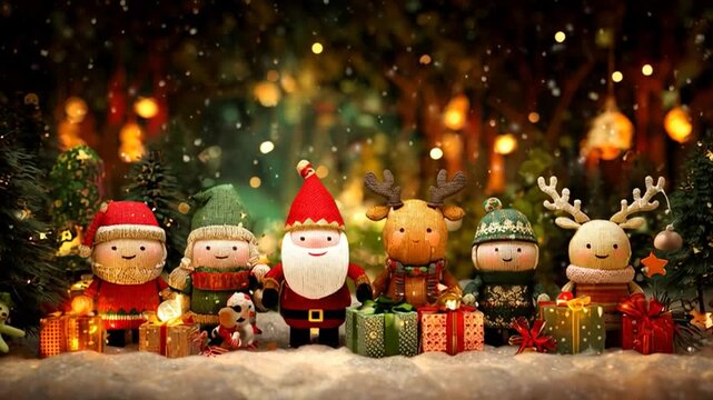AI generated video of a cheerful Christmas family dancing with Santa Claus, reindeer, and playful elves, the whole company celebrating together surrounded by sparkling gifts and festive magic.