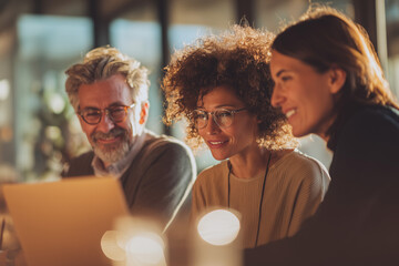Multigenerational diverse team collaborating around a laptop in a warm modern office — smiling colleagues in a creative business meeting