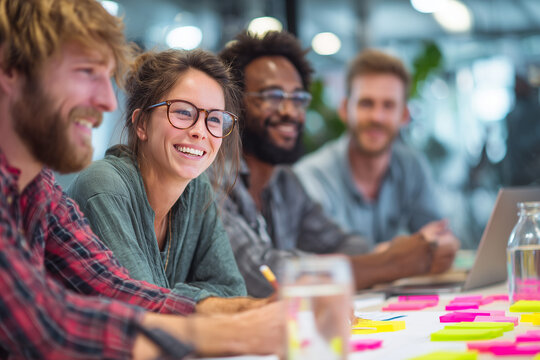 Smiling diverse young team collaborating around a table covered in colorful sticky notes, brainstorming ideas in a bright modern office