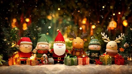 AI generated video of a cheerful Christmas family dancing with Santa Claus, reindeer, and playful elves, the whole company celebrating together surrounded by sparkling gifts and festive magic. - Powered by Adobe