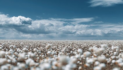 Wide shot of a vast cotton field under a partly cloudy sky