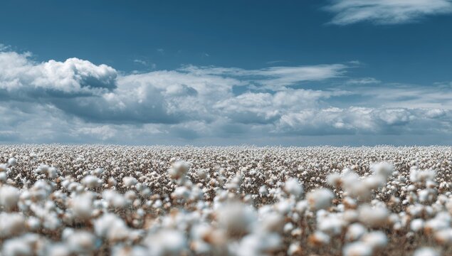 Wide shot of a vast cotton field under a partly cloudy sky