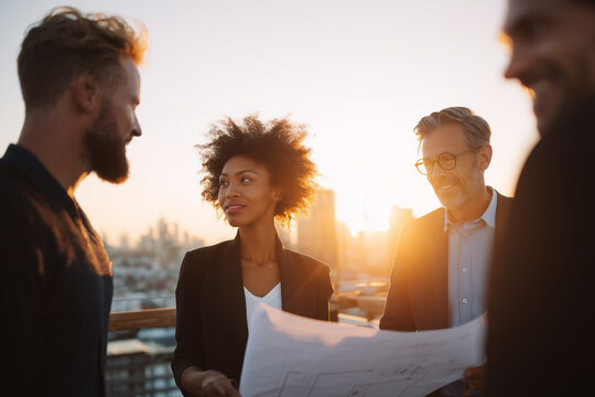 Diverse team of professionals reviewing architectural blueprints on a rooftop at sunset — collaborative urban planning meeting in warm golden-hour light - Powered by Adobe