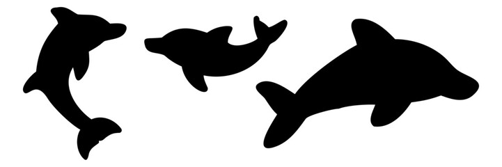 A black vector silhouette of a man and a woman swimming with a dolphin and a whale in the ocean