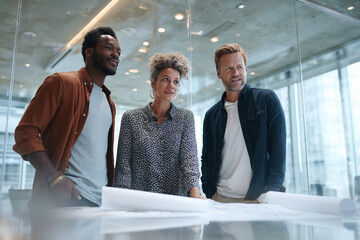Diverse professional team collaborating over blueprints in modern glass office — creative planning, strategy and teamwork in a contemporary workspace