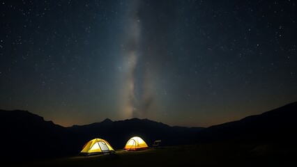 A glowing tent beneath the Milky Way in a serene mountain landscape, capturing tranquil camping under natural light.
