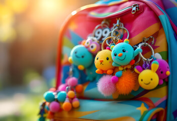 Colorful Plush Keychains on a Backpack - Back to School