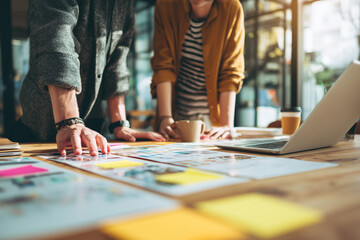 Fototapeta premium Creative team brainstorming over colorful moodboards and stickynotes on a wooden table with laptop and coffee in a modern collaborative office