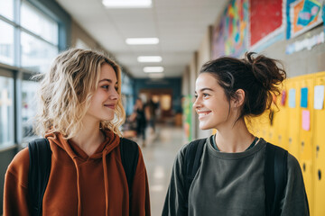 Two smiling high school girls chatting in a colorful school hallway with lockers &mdash; candid moment of teenage friendship, backpacks and student life