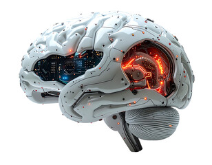 A white, robotic brain model, partially dissected to reveal glowing orange internal circuitry and a blue digital component
