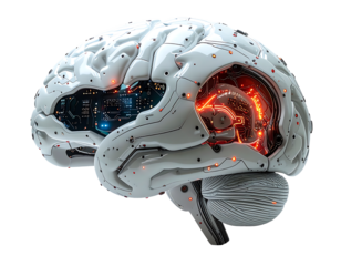 A white, robotic brain model, partially dissected to reveal glowing orange internal circuitry and a blue digital component