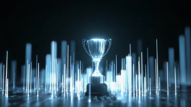 Futuristic blue glowing champion trophy cup rotating slowly on a reflective surface surrounded by rising light bars and shimmering particles in a seamless loop, celebrating victory and success