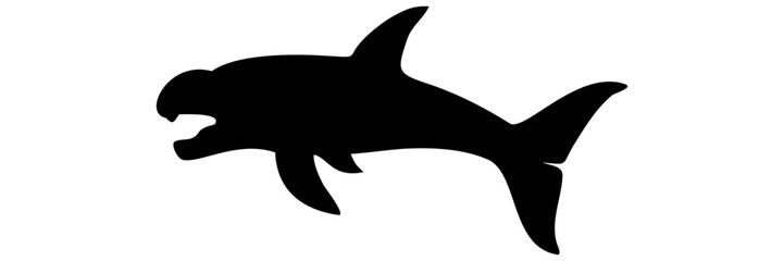 A striking black silhouette of a dolphin and a shark illustrates the diverse marine life swimming in the ocean