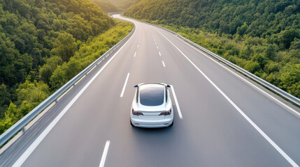 Obraz premium Sleek electric car drives smart highway surrounded by lush greenery, showcasing modern
