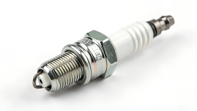 Close-up of spark plug with threaded metal body, ceramic insulator, hexagonal grip, and central electrode on white background