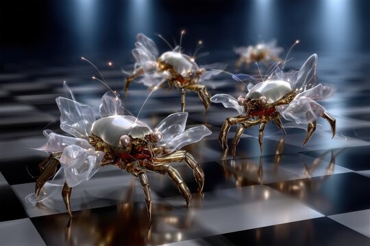 Mechanical insect-like creatures with translucent wings walk across a reflective checkered floor in a dramatic digital sci-fi environment.