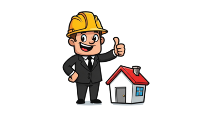 Engineer cartoon gives thumb up near house isolated over black