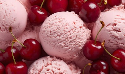 close-up of several scoops of pink cherry ice cream with natural texture,
