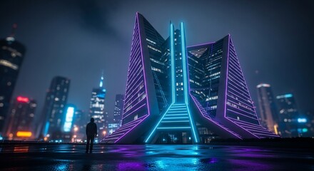 Obraz premium Futuristic Cityscape with Neon Lights and a Contemplative Figure at Night