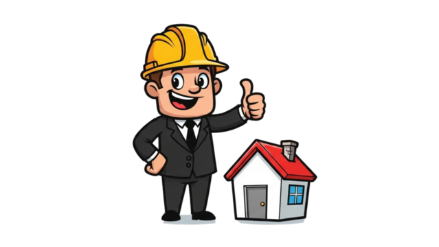 Engineer cartoon gives thumb up near house isolated over black