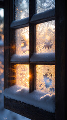 illuminated warm light from inside glowing through snow and frost on wooden vintage window aesthetic winter wallpaper background