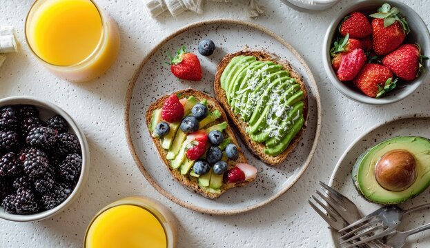 Healthy breakfast with avocado toast and fresh fruit