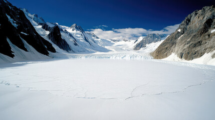 Obraz premium Glacier landscape with visible cracks and majestic mountains under clear blue sky