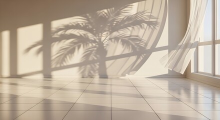 Serene sunlit room with palm tree shadow and blowing curtain.